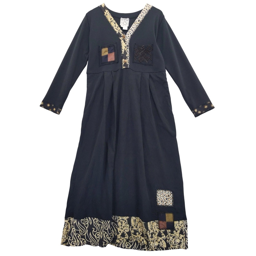 Surya Maxi Dress Women‎ XL Black Mixed Media Patchwork Waffle Knit Boho Pocket